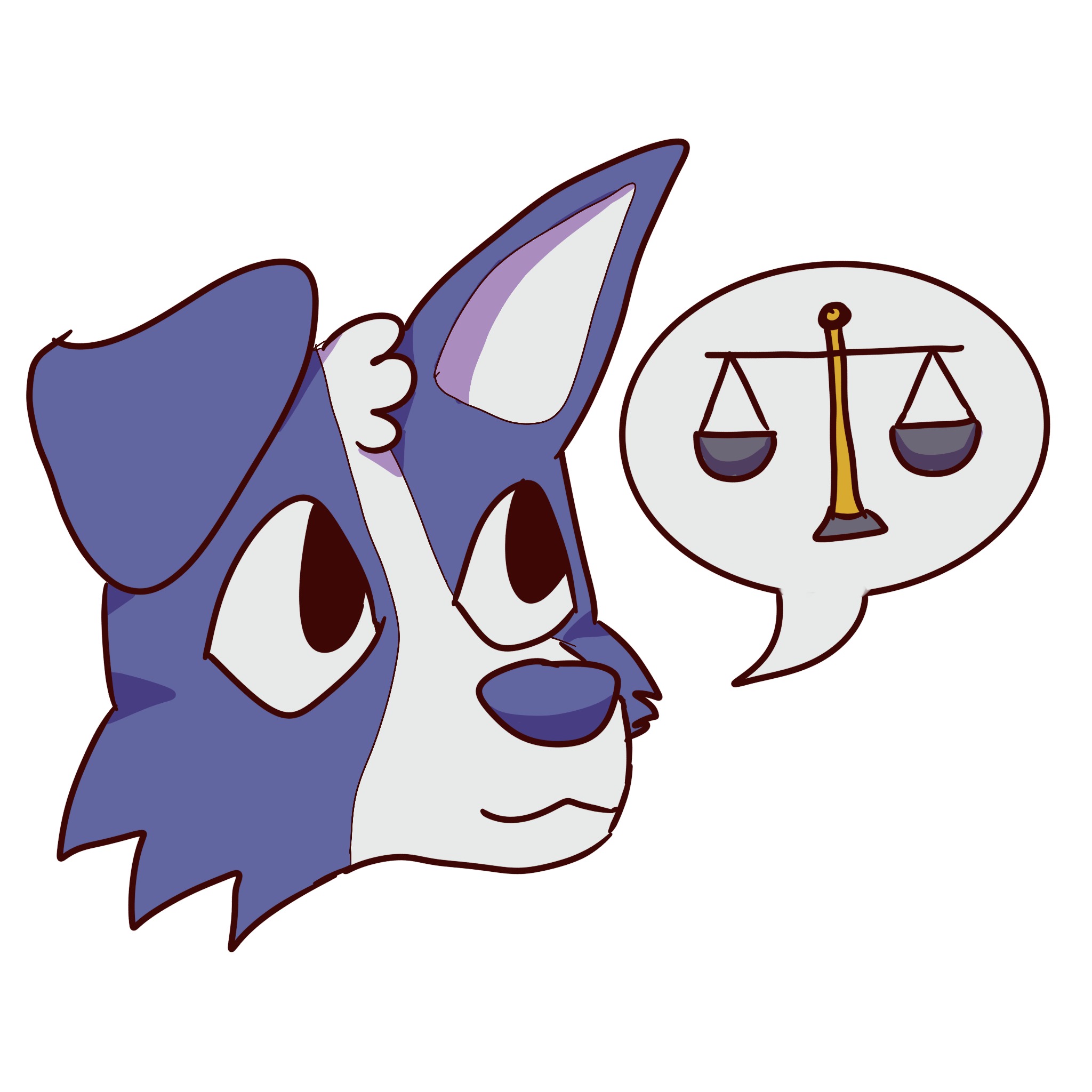 a blue dog next to a speech bubble with a balanced scale on it